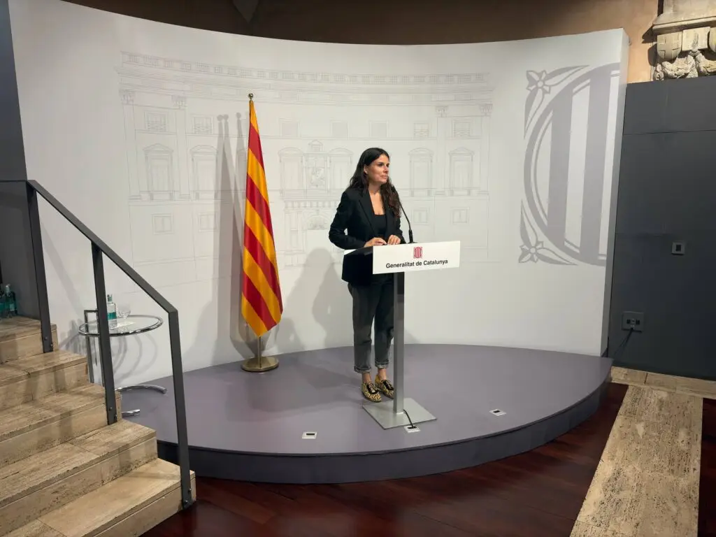 La presidenta del grup parlamentari, Mònica Sales, en una atenció als mitjans al Palau de la Generalitat